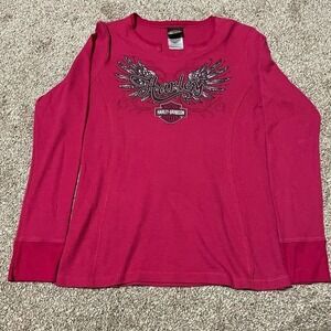 Harley Davidson Womens Pink Waffle Knit Thermal Long Sleeve Shirt Chi-Town Large